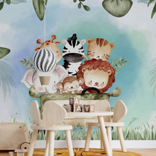 Cute Animals in Car Wall Mural