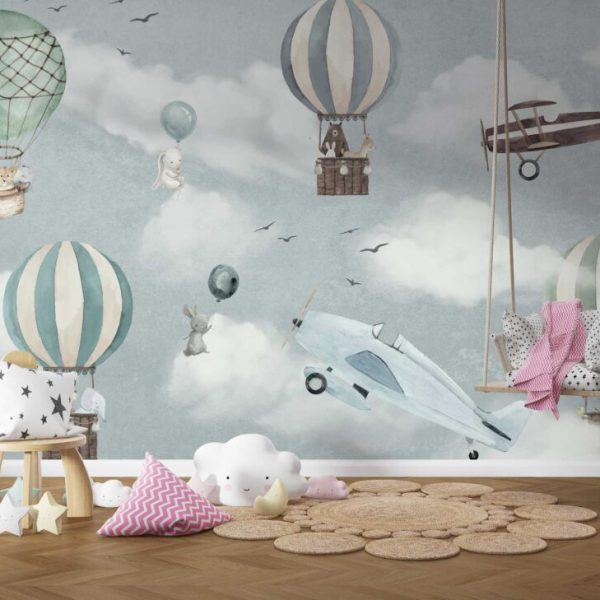 Animals Flying In Balloon Wall Mural