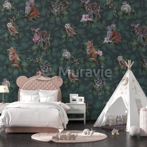 Dark Background Owls Birds Deer Wall Mural