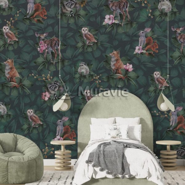 Dark background Owls Birds Deer Wall Mural