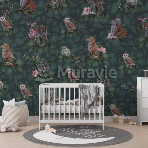 Dark Background Owls Birds Deer Wall Mural