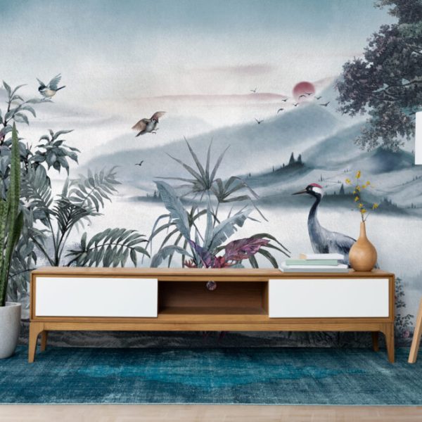 Mountains Trees and Stork Wallpaper , Landscape Look Wall Mural