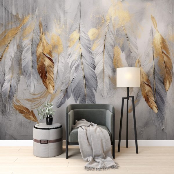 Big Hanging Feathers Wallpaper Golden Feather Wall Mural