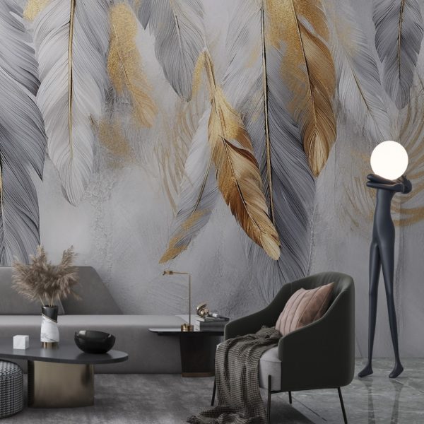 Big Hanging Feathers Wallpaper Golden Feather Wall Mural