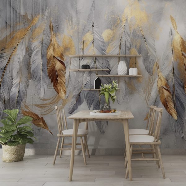 Big Hanging Feathers Wallpaper Golden Feather Wall Mural