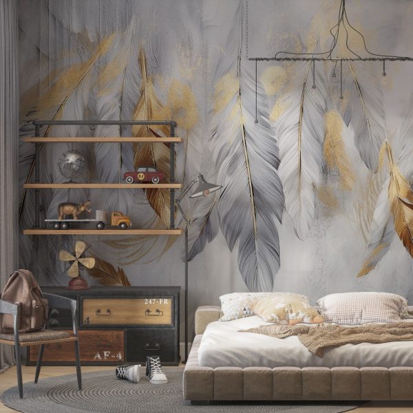 Big Hanging Feathers Wallpaper Golden Feather Wall Mural