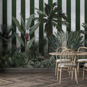 Green Striped Tropical Patterned 3D Wallpaper