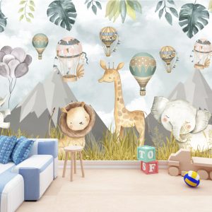 Cute Animals and Flying Balloons Wallpaper