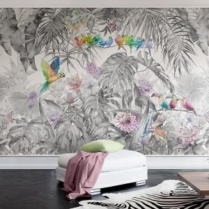 Grey Colored Flowers Colorful Birds 3D Wallpaper