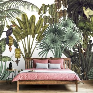 Bird on a Large Branch Tropical Patterned Wallpaper