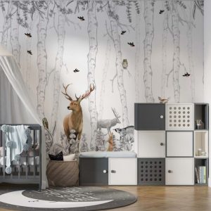 Black and White Deer and Tree Patterned Wallpaper