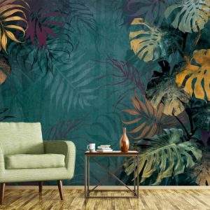 Oil Colored Tropical Leaf Patterned Wallpaper