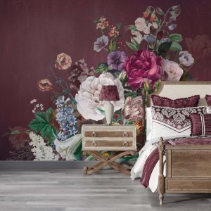 Large Rose Patterned Burgundy Background 3D Wallpaper