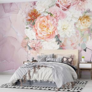 Pink Colored Large Rose Patterned 3D Wallpaper