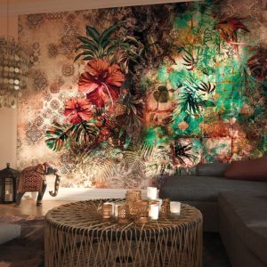 Green Leaves Multicolored Red Flower Mosaic Pattern 3D Wallpaper