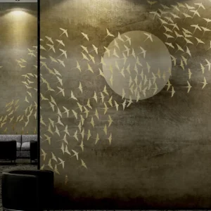Mosaic Patterned 3D Wallpaper with Moon and Birds