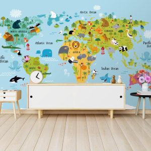 Animal World Map Children's Room 3D Wallpaper