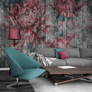 Pink Colored Flowers with Wooden Floor 3D Wallpaper