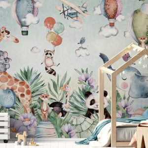 Flying Balloons and Animals Children's Room Wallpaper