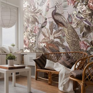 Flowered Peacock Patterned 3D Wallpaper