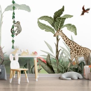 Elephant and Giraffe 3D Wallpaper