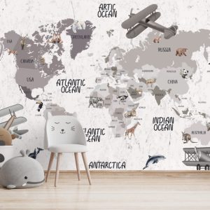 Children's World Map Airplane and Balloon 3D Wallpaper