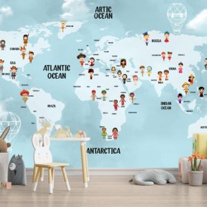 Blue Background Children's Patterned World Map 3D Wallpaper