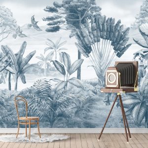 Tropical Pattern Wallpaper in Soft Blue Tones