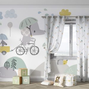 Elephant Riding a Bicycle Patterned 3D Wallpaper
