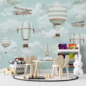 Flying Balloon and Airplane Patterned 3D Wallpaper