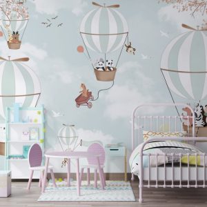 Flying Balloon with Animals Patterned 3D Wallpaper