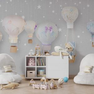 Flying Balloon with Bear Patterned 3D Wallpaper