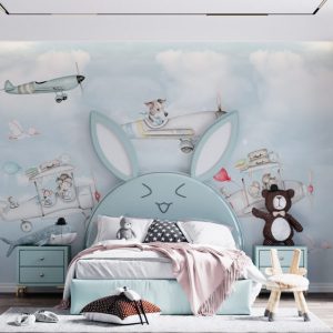 Dog Riding Airplane Patterned 3D Wallpaper