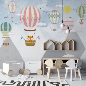 Balloon Pattern 3D Wallpaper Flying Between Mountains
