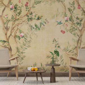 Beautiful Birds on Branches Yellow Wallpaper