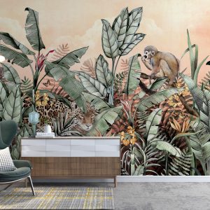 Monkey Tropical Patterned 3D Wallpaper