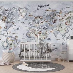 Blue Tones Animal World Map 3D Wallpaper