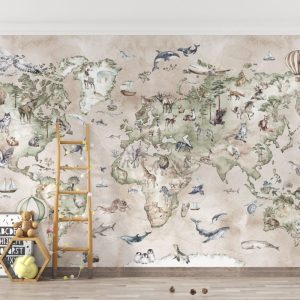 Cream Tones Animal World Map 3D Wallpaper