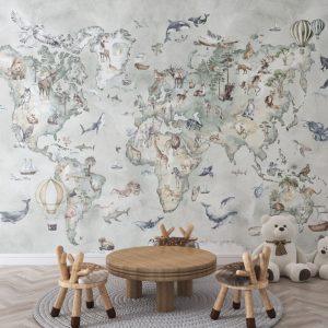 Aqua Green Tones Animal World Map 3D Wallpaper