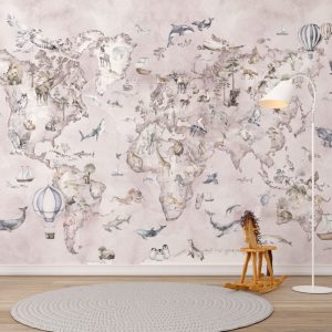 Pink Tones Animal World Map 3D Wallpaper