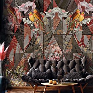 Parrots and Flowers Geometric Pattern Wallpaper