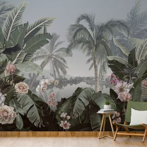 Tropical Leaves and Flowers by the Lake Wallpaper