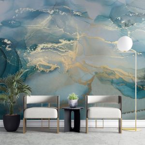 Light Blue and Gold Detailed Marble Pattern Wallpaper