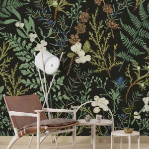 Plants and Flowers on Green Background Wallpaper