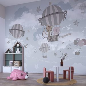 Animals in a Flying Balloon 3D Wallpaper in Soft Tones