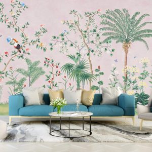 Pink Background Tropical Forest and Flower Garden Wallpaper