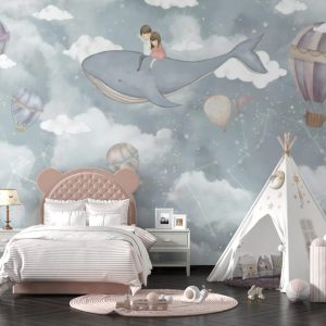 Flying Whale and Balloons Wallpaper