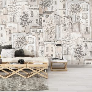 Beige Houses and Trees Wallpaper