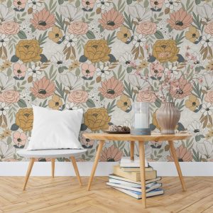 Orange Pink White Flowers Retro Wallpaper