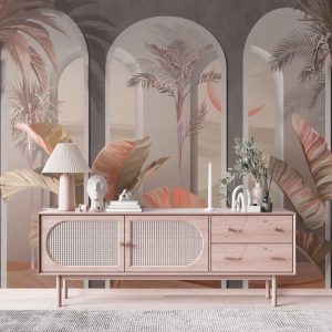 Tropical Leaves and Arched Wall Wallpaper